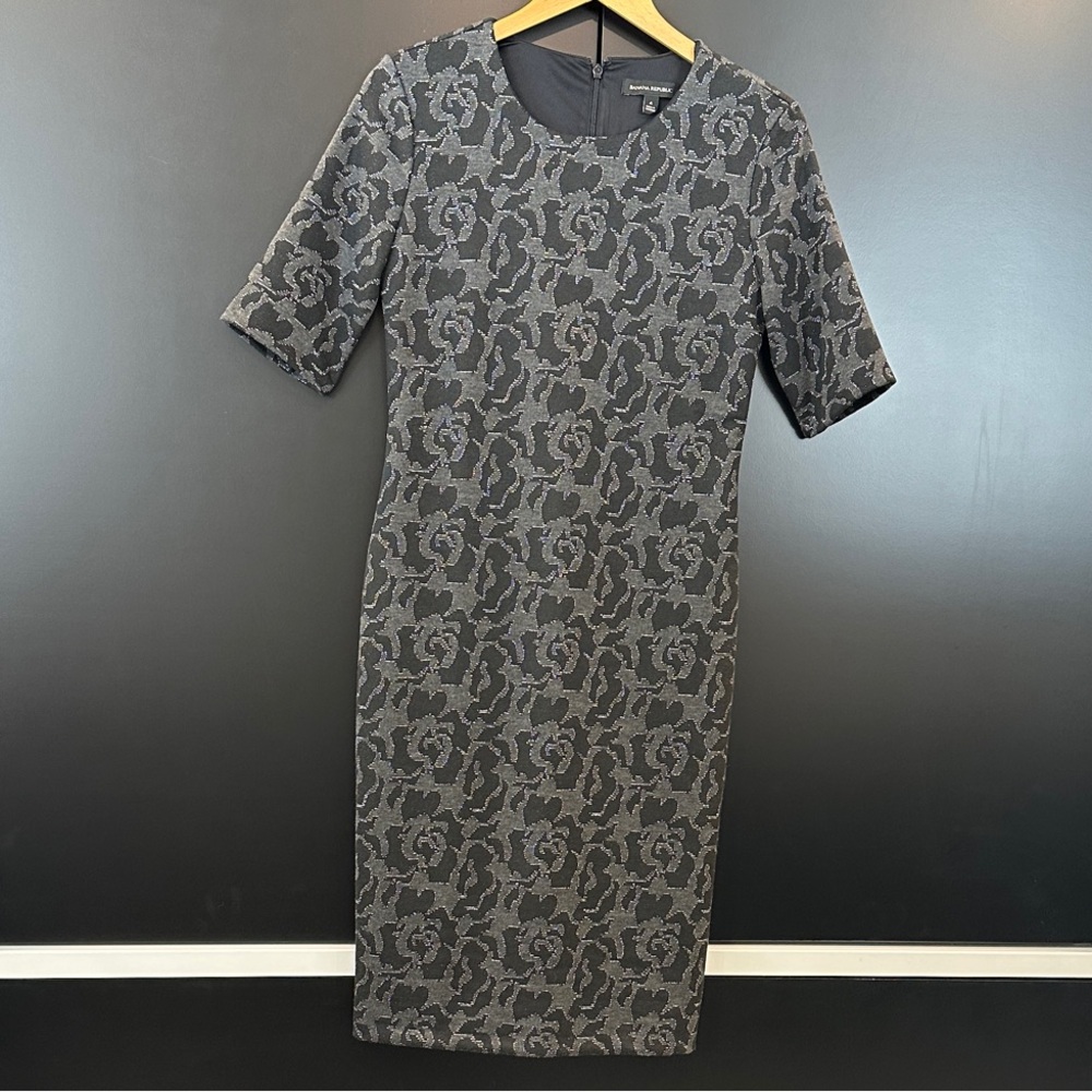Banana Republic Black Silver Metallic Jacquard Floral Sheath Dress 4 Womens